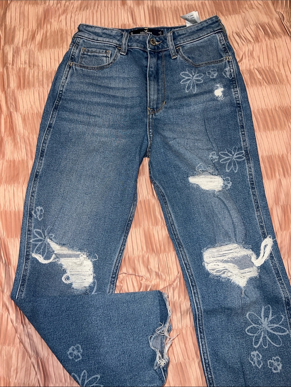 Hollister Mid-Blue Straight Leg Jeans with Floral Distress